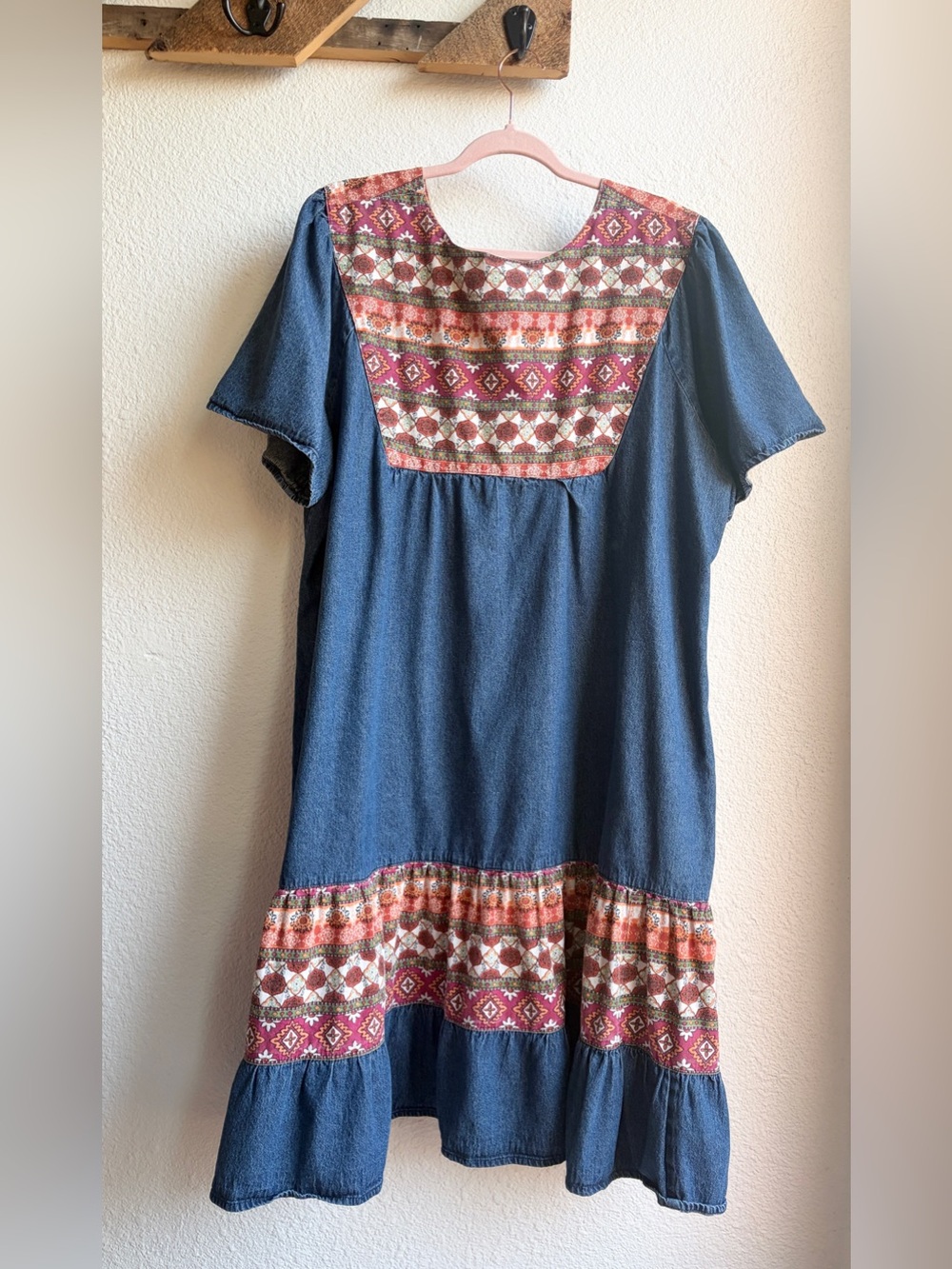 Vintage Denim Patchwork Ruffle Hem Midi Dress - Picture 2 of 4